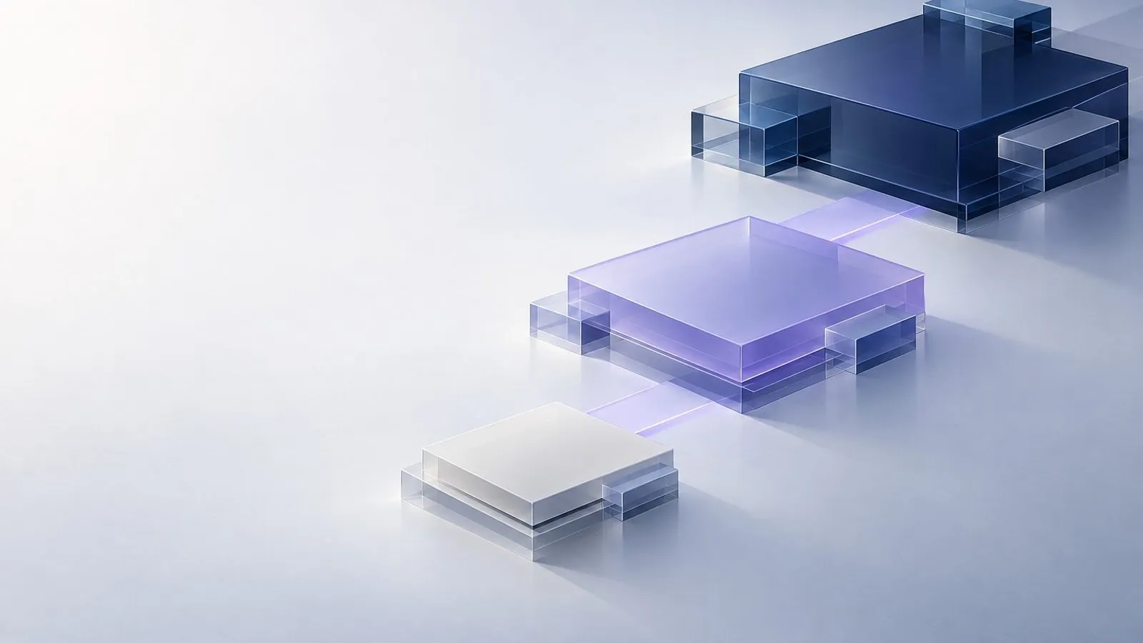 Three architectural platforms in pale, violet and navy glass, linked by a soft line of light