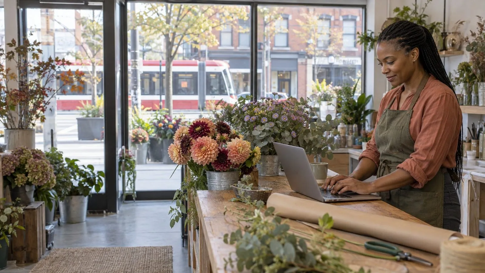 A florist begins a website enquiry on a laptop inside her independent Toronto shop.
