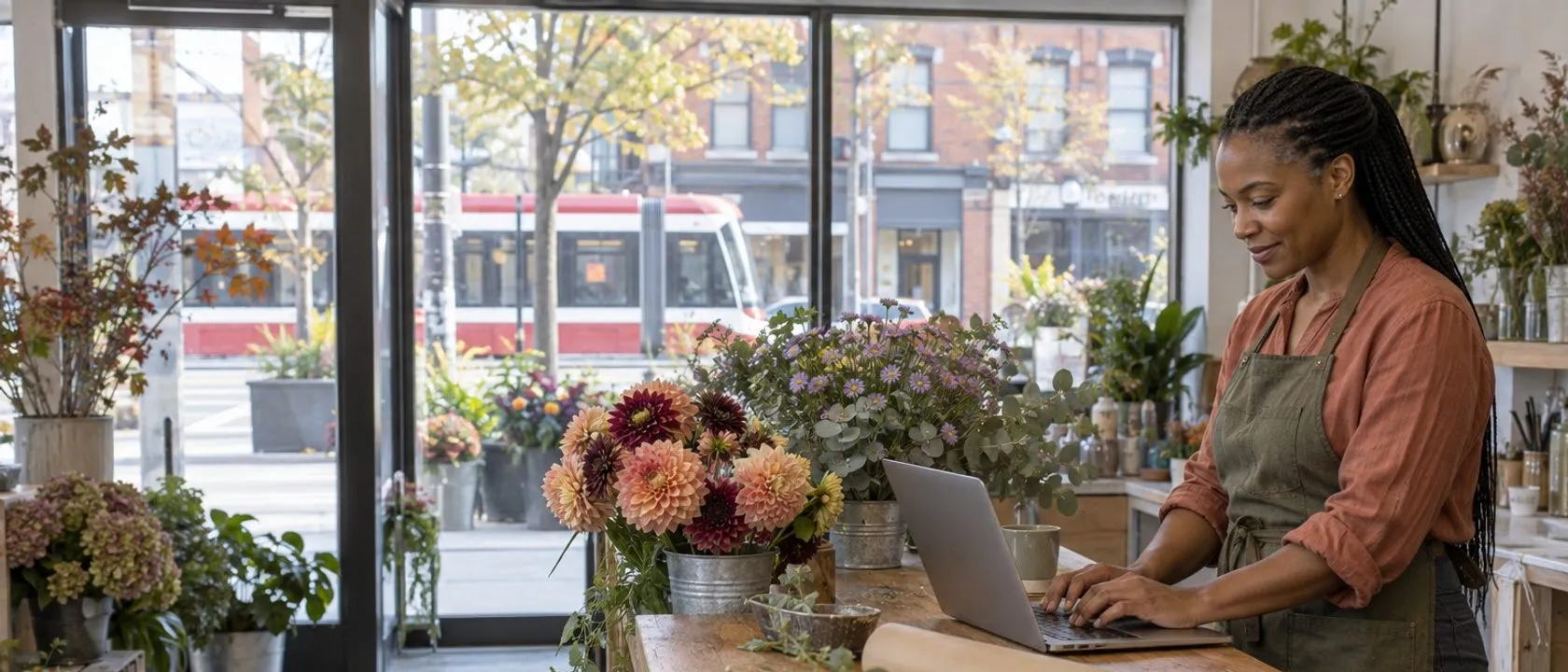 A Toronto florist beginning a website enquiry from her shop