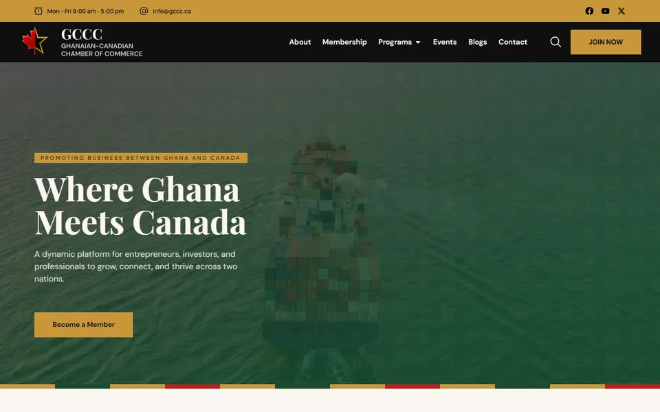The home page of gccc.ca: a cargo ship at sea under the headline Where Ghana Meets Canada.